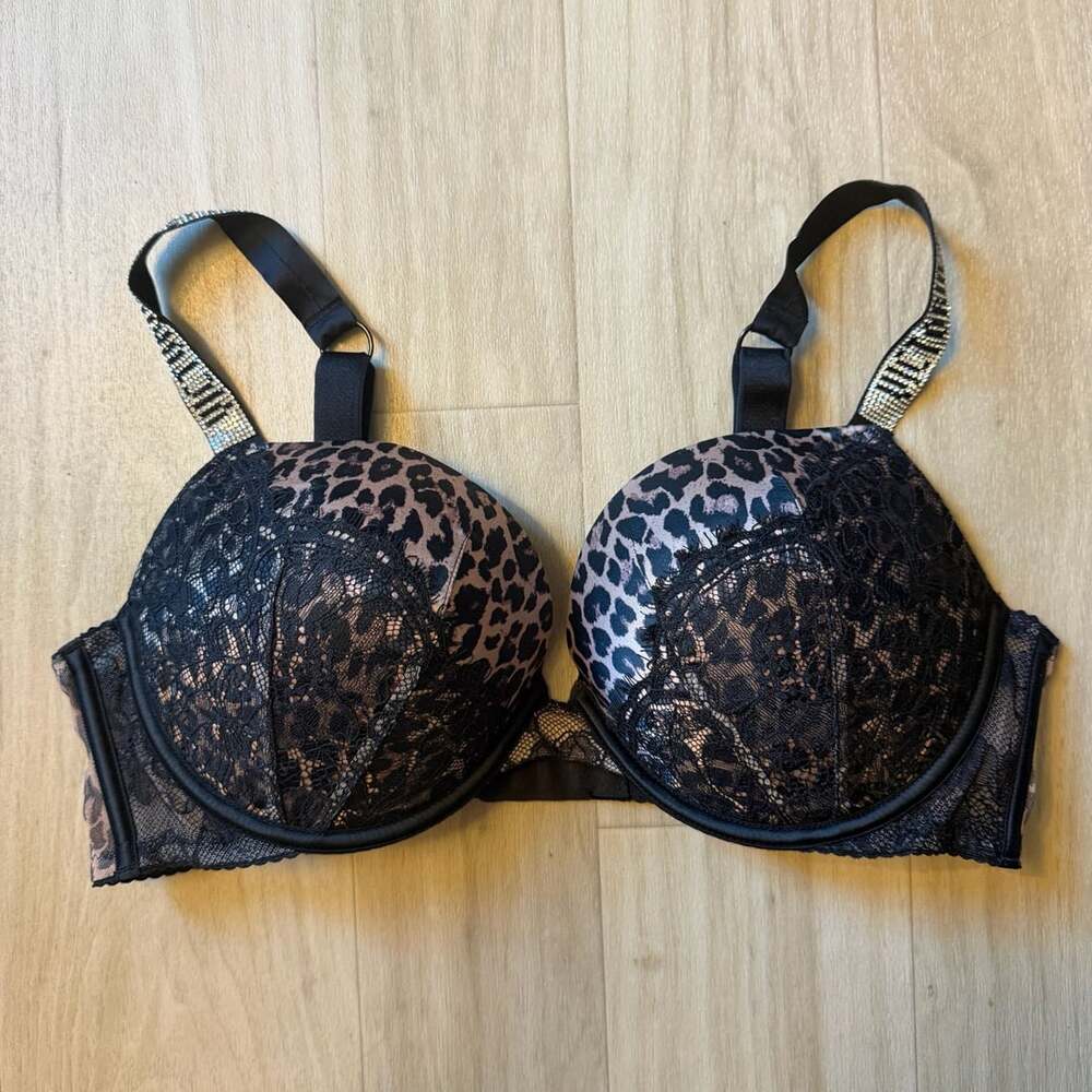 Victoria's Secret Rhinestone Strap Push-Up Bra Size 36D Leopard Lace